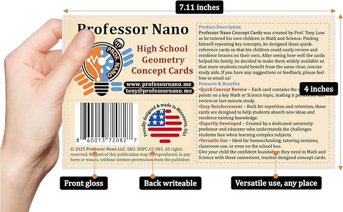 Professor Nano High School Geometry Concept Cards || 4x7.11 inches, Set of 11 || Cheat Sheet, Quickstudy