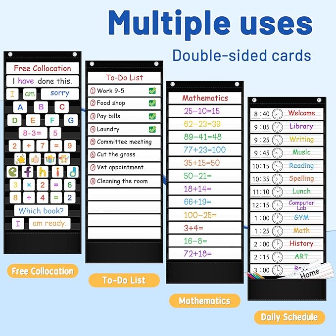 AKAYOK Daily Schedule Pocket Chart — 13+1 Pocket Visual Schedule for Kids, Includes 18 Double-Sided Blank Reusable Dry-Erase Cards, Daily Planner with Hourly Schedule for Classroom, Office, Home, School Activities (Black)