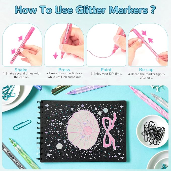 HOTU Glitter Markers Pen: 24 Sparkly Colors Metallic Marker 0.7mm Extral Fine Tip Acrylic Glitter Paint Pens for Rock Painting, Ceramic, Glass, Wood, Fabric, Scrapbooking, DIY Craft Making