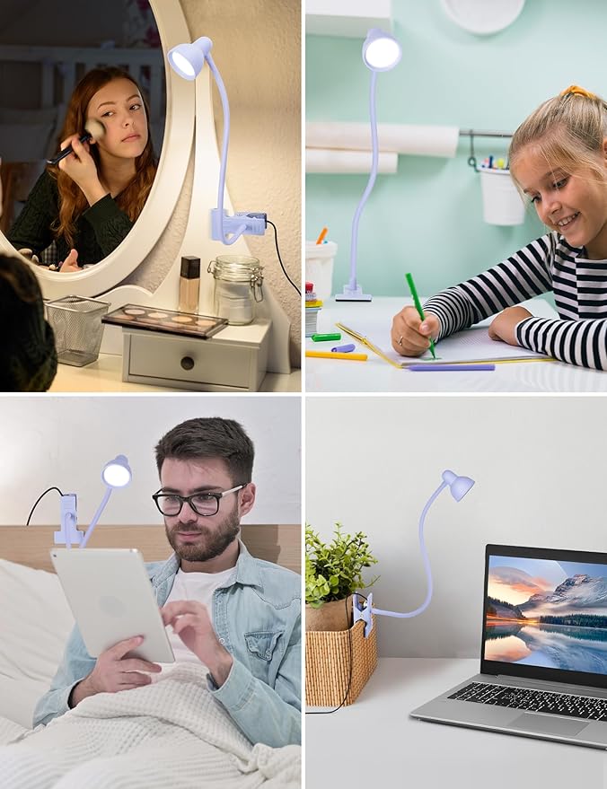Clip on Lamp USB Reading Light, 3 Color Modes, 10 Brightness Dimmable, Flexible Gooseneck Desk Lamp with Clamp, Eye Care Clip on Light for Bed Headboard Desk Home Dorm Purple