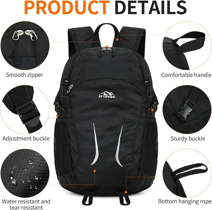 Small Hiking Backpack 35L Travel Lightweight Hiking Packable Daypack Water-Resistant Foldable Backpacks for Women Men Camping (Black)