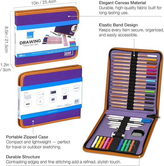 COLOUR BLOCK Drawing Travel Art Set - 60 sheets 6 x 8 Inches Drawing Pad,16 wood Colored Pencils, 12 Soft Pastels Set, 2 Sketching Pencils, and 8 Assorted Tools