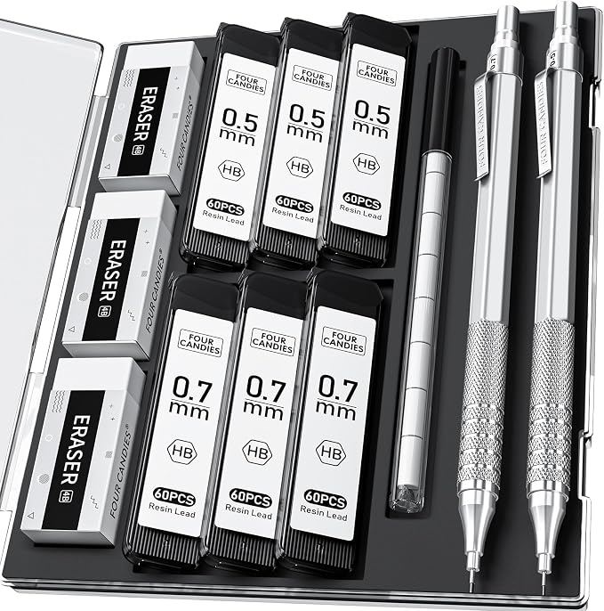 2PCS Metal Mechanical Pencil Set, 0.5mm+0.7mm, Storage Case, Silver | 360PCS HB Lead Refills, 3 Erasers, 9 Eraser Refills, for School Writing, Sketching, Technical Drawing, Art Projects