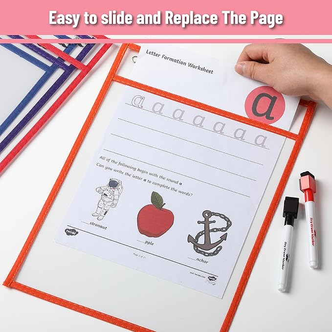 Mr. Pen- Reusable Dry Erase Pocket Sleeves, 10" x 14", 12 Pack, Sunset Color, Clear Plastic Paper Sleeves, Ticket Holders, Clear Plastic Sheet Protectors, Teacher, School, Classroom Supplies