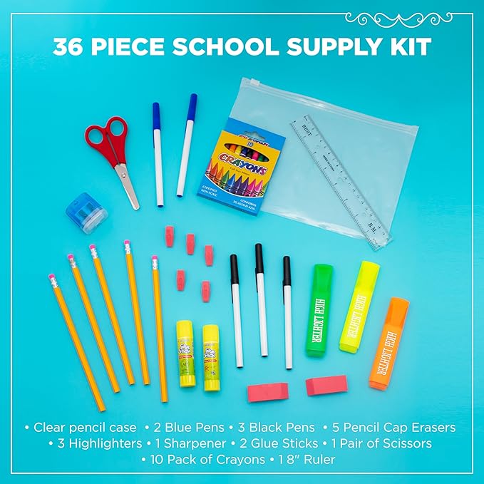 36 Piece Bulk School Supplies Kits - Pens, Pencils, Crayons, and More - Value Pack of 48 Kits - Essential Box of School Supplies for Elementary, Middle, and High School Students
