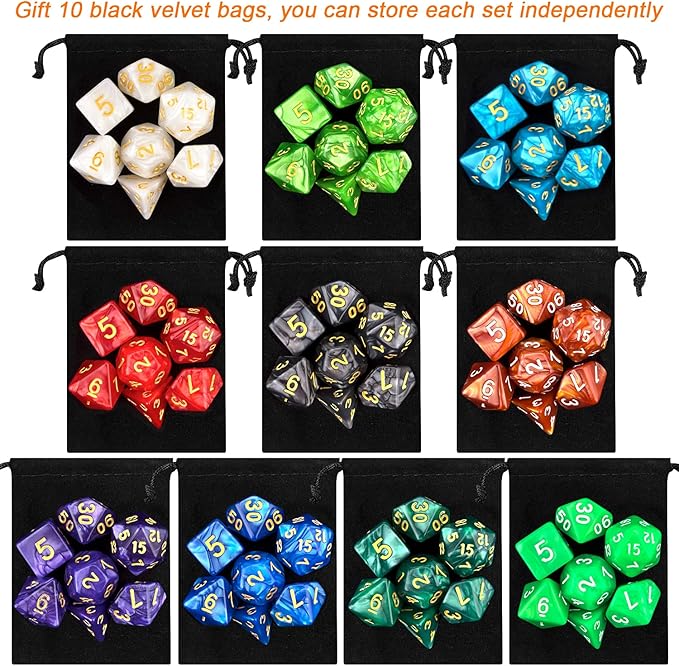 70 Pcs Polyhedral Dice Set for Dungeons and Dragons - 10 Complete 7-Dice Sets with Bags, D4 D6 D8 D10 D% D12 D20 - Ideal for DND RPG MTG Tabletop Games, Gifts for Gamers