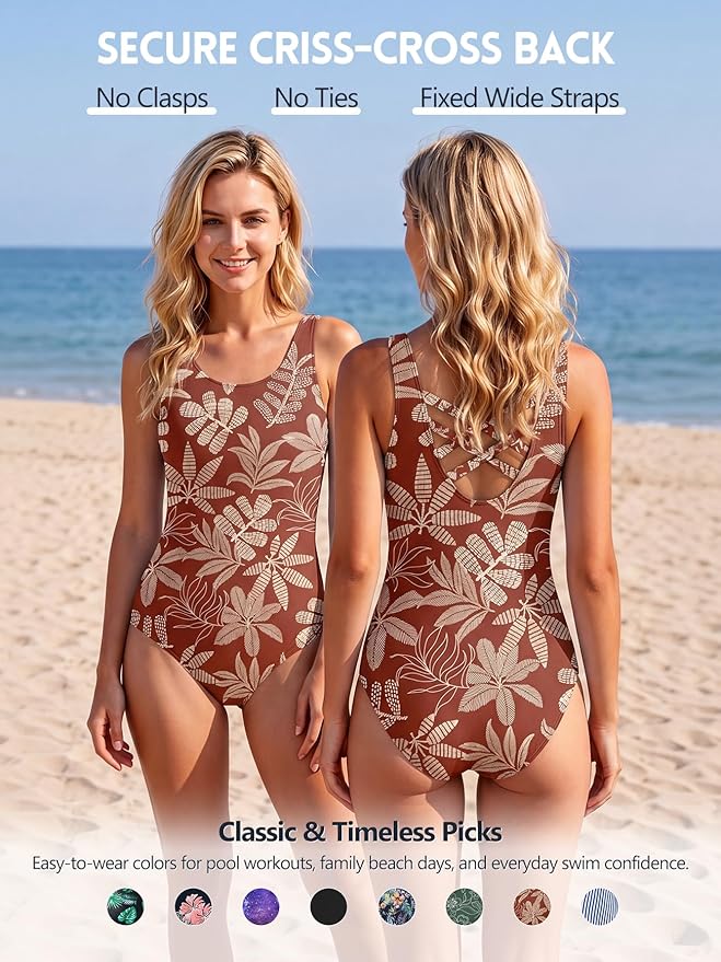 Modest Full Coverage One Piece Swimsuit Floral Bathing Suit Criss Cross Back Swimwear with Built-in Bra