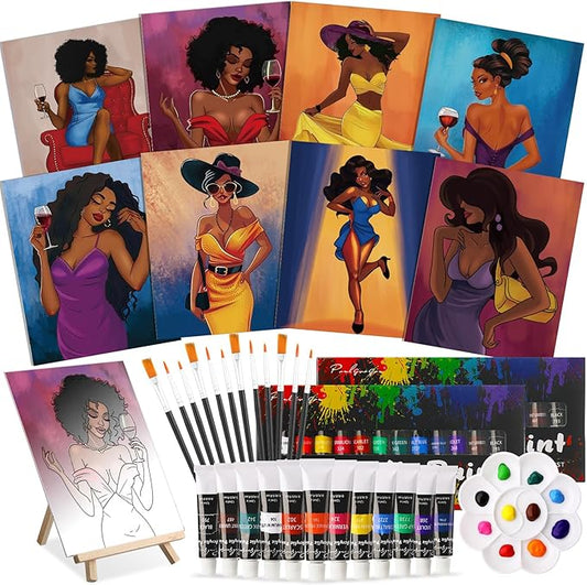 Cholemy 36 Pcs Paint and Sip Kit for Adults 8''x10'' Pre Drawn Canvas for Painting DIY Afro Acrylic Painting Kit Wood Easel Brushes Date Night Bulk for Father's Day Party Gifts(Charming Lady)