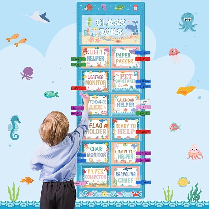 Blosssound Class Jobs Pocket Chart with 31 Cards 40 Colored Clips Classroom Teacher's Helper Management Educational Pocket Chart Bulletin Board Decorations Preschool Supplies(Ocean)