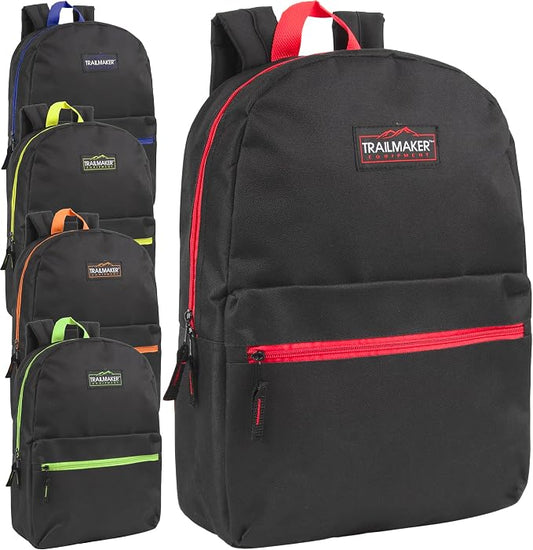 Trail maker 24 Pack- Classic 17 Inch Backpacks in Bulk Wholesale Back Packs for Boys and Girls (Black Color Trim Pack)