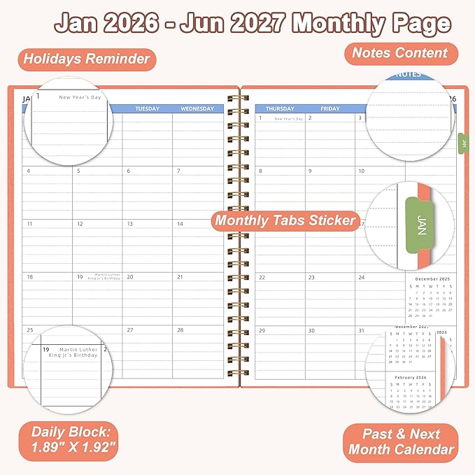2026-2027 Monthly Planner(7.4'' x 9.6''), 18 Months Agenda Planner from Jan 2026-Jun 2027, Calendar 2026 with Pocket, 120GSM Paper, Pink
