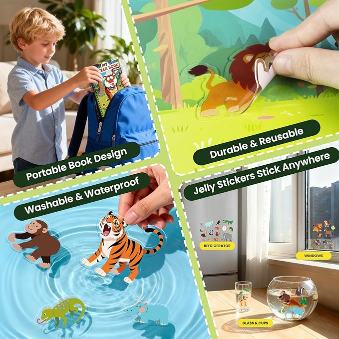 Animals Reusable Sticker Book for Toddlers, DIY Make-a-face Animals Jelly Fun 3D Stickers, Washable Puffy Stickers for Kids Toys, Airplane Road Trip Travel Activities Essentials for Kids 3 4 5 Years