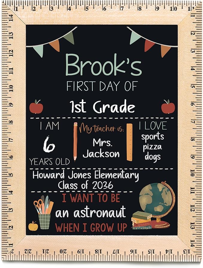 First Day of School Sign (11.5"x15"), Reusable Chalkboard, Easy to Clean with Real Wooden Ruler Frame, Perfect for Back to School, First Day of Kindergarten (Flags- Green)