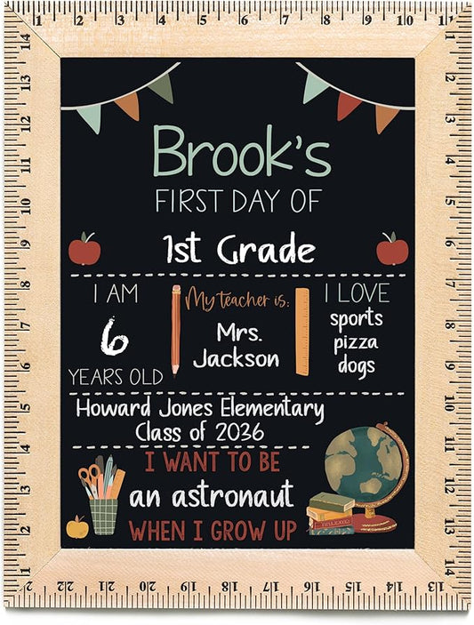 First Day of School Sign (11.5"x15"), Reusable Chalkboard, Easy to Clean with Real Wooden Ruler Frame, Perfect for Back to School, First Day of Kindergarten (Flags- Green)