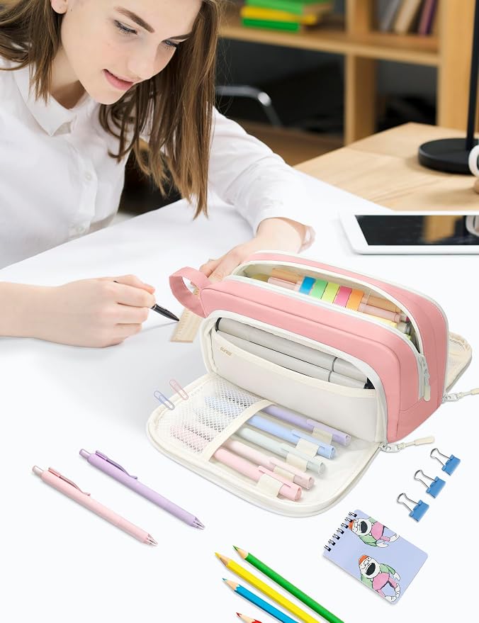 SUNEE Large Pencil Case, Big Capacity Pen Pouch with 3 Compartments, Kawaii Cute Pencil Bag with Zipper, High Storage Stationery Holder and Organizer, School Supplies for Teen and Adult Girls, Pink