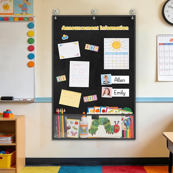 AKAYOK 24"x36" Felt Board for Classroom & Home - Flannel Story Board with Magnets, Transparent Pocket & 30 Self Adhesive Dots | Interactive Learning, Visual Schedule, Storytelling for Teachers & Kid