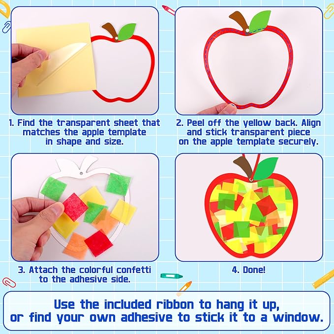 Renbuzhu 40PCS Back to School Apple-Shaped Crafts Bulk: Tissue Paper Sign Suncatchers, First Day of Classroom Activities DIY Kit, Fall Decorations, Window Stained Glass Effect Art Supplies
