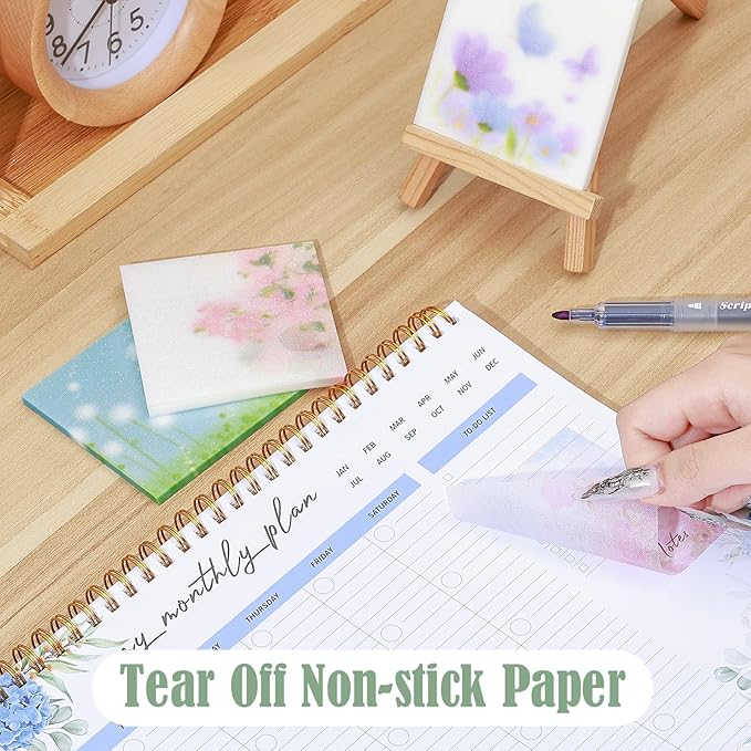 BAYTORY 200 Sheets Transparent Sticky Notes, 6Pcs Double-Ended Colored Marker Pen, 3 x 3 Glitter Clear Sticky Notes, Waterproof Self-Stick Note, Easy to Post for Note Taking (Flower)