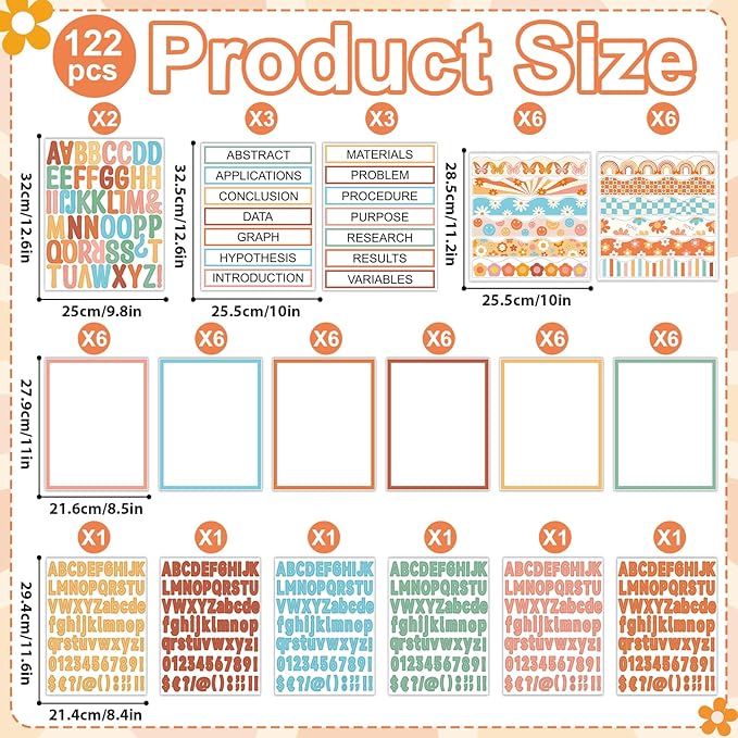 122Pcs Science Fair Board Supplies 72 Groovy Hippie Trim Scalloped Borders 36 Presentation Board Subtitles 6 Self Adhesive Project Titles 8 Letter Stickers for Classroom Office Decor(Groovy)