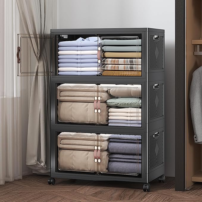 UAMFURI Extra Large Stackable Storage Bins with Lids & Wheels, 165QT-55QT/14GAL*3Pack Foldable Collapsible Closet Organizers Dark Storage Cabinet with Doors for Bedroom Dorm