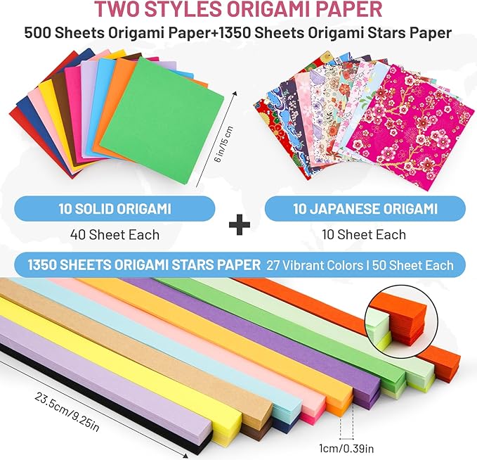 AluAbi Origami Paper Kit - 500 Sheets Japanese Origami Paper&1350 Sheets Star Paper Strips,Double Sided Color Folding Scrapbook Craft for Kids Ages 5-8 8-12,DIY Art Craft Supplies Gift for Boys Girls