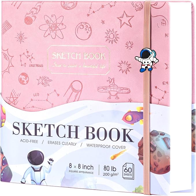 FLYING EAGLE Pink Sketchbook for Kids, 8"X 8" Square Sketch Book & Drawing Pad, 60 Sheets/120 Pages, 120lb/200GSM Heavy Paper, Bleed-Resistant Hardcover Drawing Book for Girls Teens, Gift Boxed