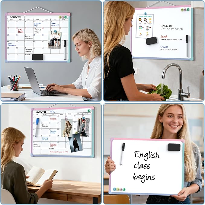 MaxGear Monthly Calendar Dry Erase Board for Wall, 16"x12" Small Hanging Double-Sided White Board, Portable Whiteboard for Planning, Drawing, Memo, to Do List, School, Home, Office, Macaron Frame