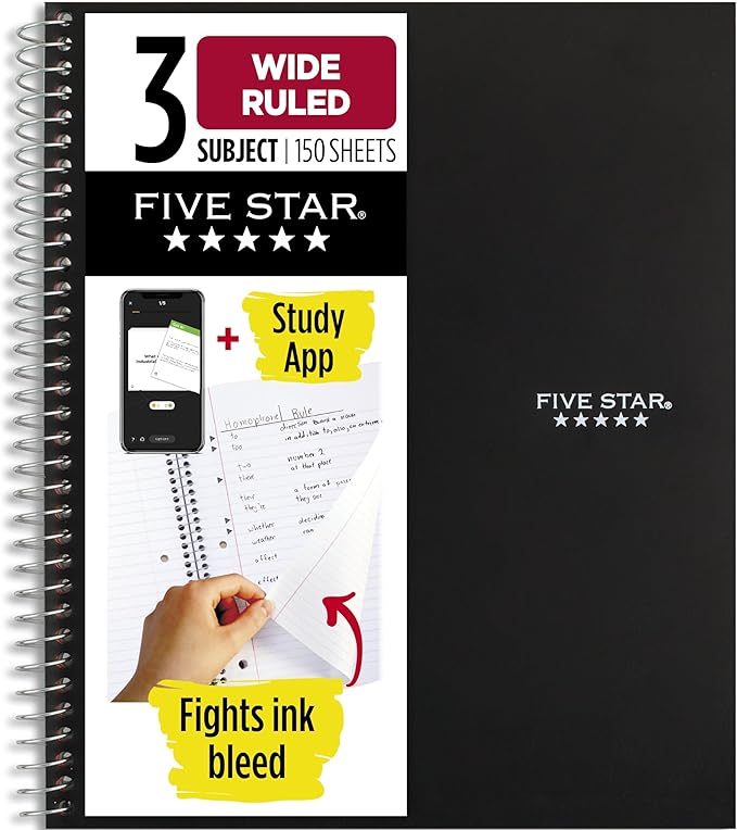Five Star Spiral Notebook + Study App, 3 Subject, Wide Ruled Paper, 8" x 10-1/2", 150 Sheets, Black (73094)