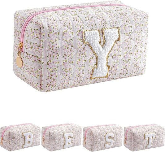 JOVAKIT Alphabet Makeup Bag Cosmetic Bag for Women, Christmas Gifts for Girls Age 6-18, Floral Flowers Coquette Travel Toiletry Zipper Make Up Pouch Organizer Trendy Stuff (Pink Floral Y)