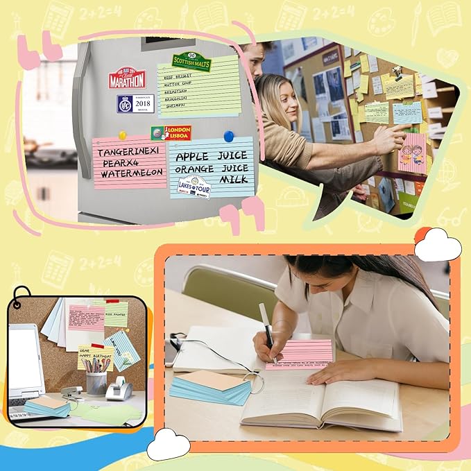 200 Count Colored Index Cards 3x5 Inch，Flashcards with Ring 4 Color，Heavy Weight Lined Ruled Note Cards for Studying, Office, School and Home