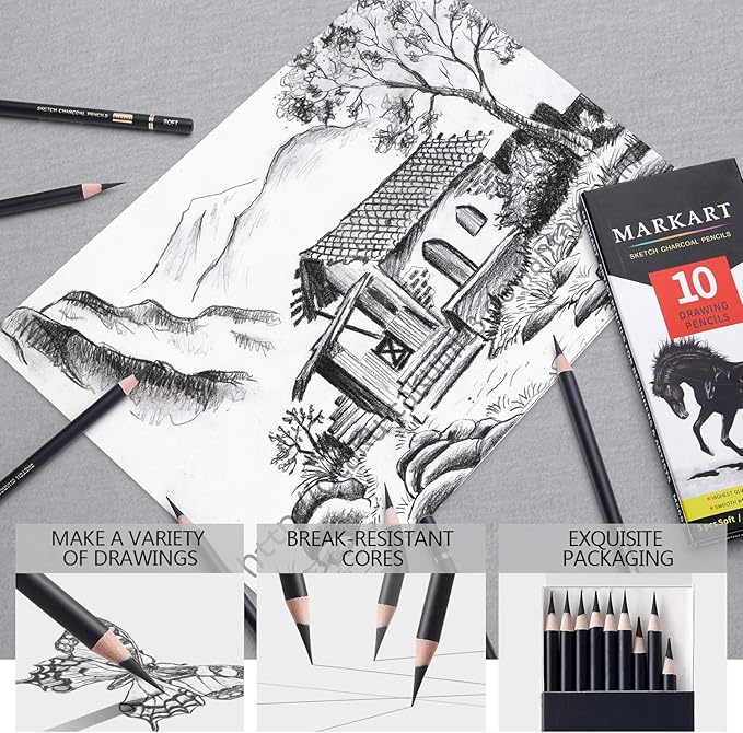 MARKART Professional Charcoal Pencils Drawing Set - 10 Pieces Soft Medium and Hard Charcoal Pencils for Drawing, Sketching, Shading