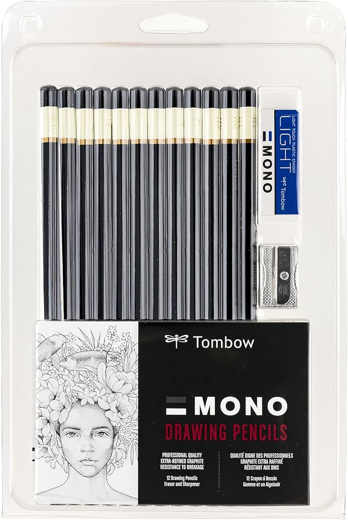 Tombow 51523 MONO Drawing Pencil Set, Assorted Degrees, 12-Pack. Professional Quality Graphite Pencil Set with Eraser and Sharpener
