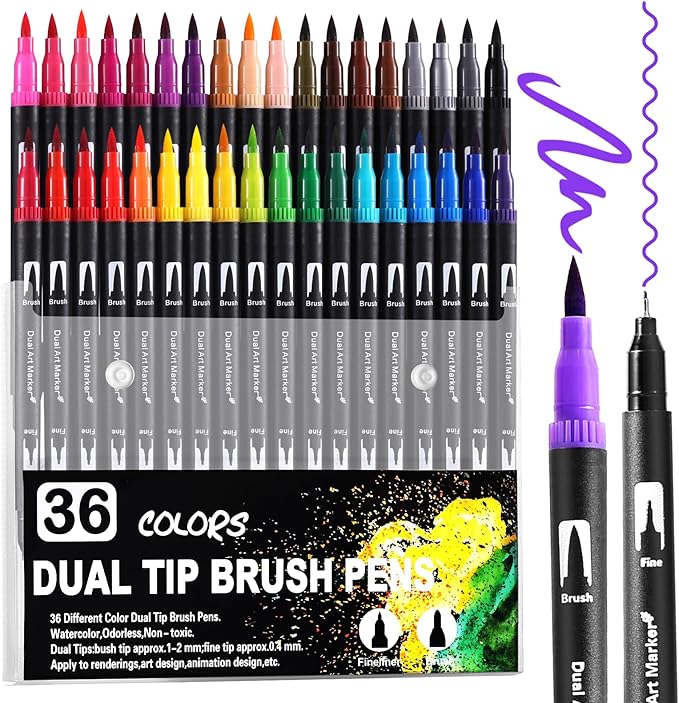 TOSHARE Art Markers Pens Dual Tip Coloring Markers Set with Brush & Fine Nib for Adult Coloring Book Brush Pens Professional Calligraphy & Drawing Art Supplies Kit for Adults (36 Colors)