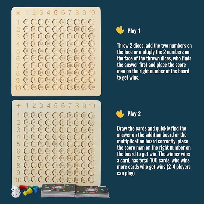 Asweets 2 in 1 Wooden Montessori Multiplication Addition Board Game Montessori Toy Educational Math Table Board Game Double-Sided Boards for Toddlers and Preschool Gifts for Kids (Pack of 2)