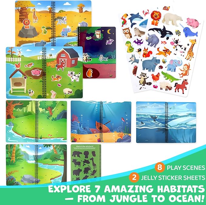 Reusable Sticker Book for Toddlers, 50 PCS Washable Jelly Stickers, 8 Play Scenes (7 Habitats) Animal Sticker Activity Book for Kids, Road Trip Travel Toys