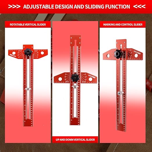 Woodworking Scriber Marking Line Ruler, T Type Woodworking Ruler 16 inch, Adjustable Aluminum Alloy Sliding T-Square Ruler, Precision Line Drawing aid Ruler with Angle Adjustment Scale(Red)