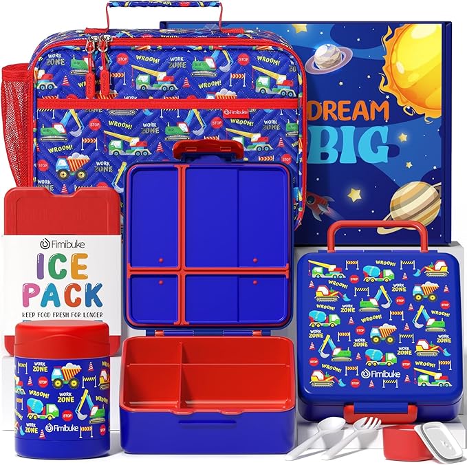 Fimibuke Kids Bento Snack Lunch Box with 4 Compartment, Insulated Lunch Bag, Stainless Steel Vacuum Thermo Food Jar, Ice Pack, Utensils Set, Birthday Gifts for Age 3-12 Back to School Toddler Girl Boy