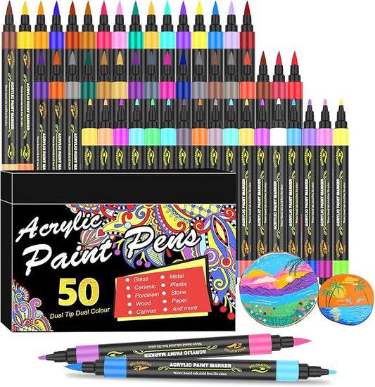 Amamao 100 Colors Acrylic Paint Markers Pens Set,50 Pack Dual Tip Acrylic Paint Markers with Brush Tip and Fine Tip for Rock Painting Fabric Plastic Wood Canvas Stone Glass Paper DIY Craft Supplies