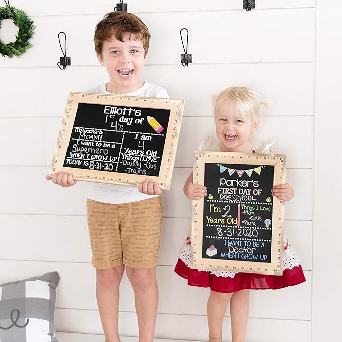 First Day of School Sign (15"x11.5"), Easy-to-Clean with Real Wooden Ruler Frame, Handmade in USA by Bloom Owl, Perfect for Back to School Framed Chalkboard, 1st Day of Kindergarten, Pencil Design
