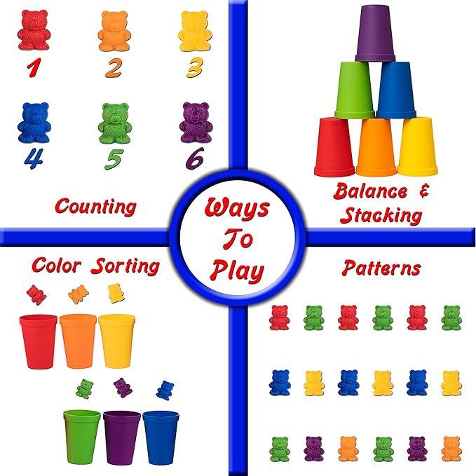 Driddle Colorful Counting Bears with Matching Cups - 60 Bears - Sort, Count & Color Recognition Learning Toy for Toddler & Kids - Montessori Education - Preschool Game