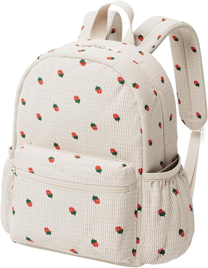Corduroy Kids Backpack for Boys Girls Ages 5-8 | 15 Inch Water-Resistant Lightweight School Bookbag for kindergarten and Elementary, 1st-3rd grade(Large,Strawberry)