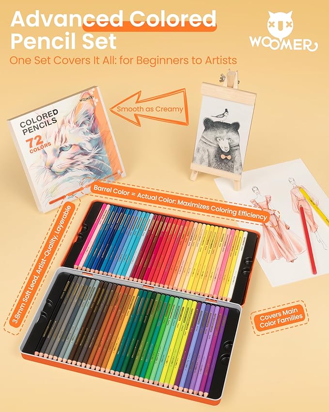 Woomer Colored Pencils with Paper: 72 Colors, 3.8mm Artists Soft Core, High Color Payoff, Not Easy to Break for Coloring Portrait Sketching Landscape, Pro72 Pack with 20 Sheet Fine-grain Paper