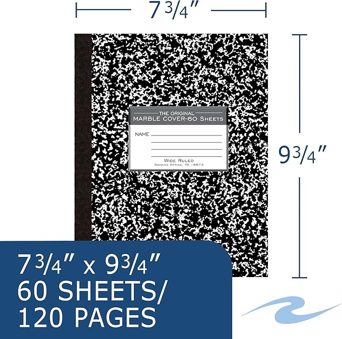 ROARING SPRING Flexible Cover Composition Notebook, Black Marble, Wide Ruled w/Margin, 60 Sheets (120 Pages), 9.75" × 7.75", Center-Sewn, Made in USA