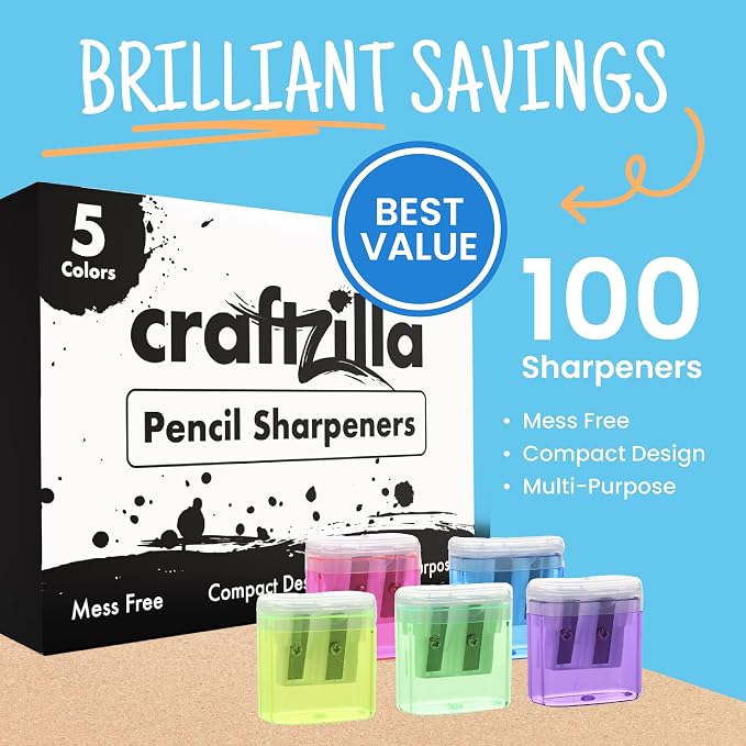 Craftzilla Pencil Sharpener 100 Pack, Manual Pencil Sharpeners Bulk, Handheld Dual Hole with Lid for Kids and Classroom, School Office Supplies
