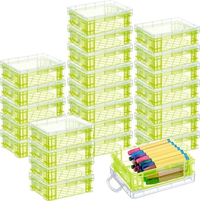 Suzile 25 Pcs Plastic Crayon Boxes with Snap Lids Crayon Storage Organizer Stackable Container Bulk Pencil Case for Pen Crafts Classroom Supplies(Green)