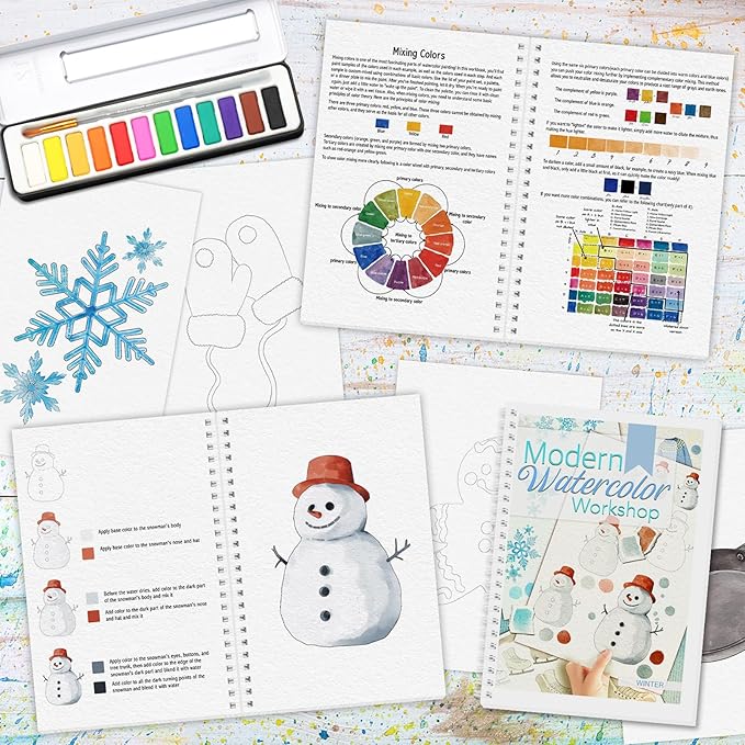 Watercolor Workbook, Watercolor Workbook Paint Book Beginner Friendly with 12 Patterns, Beginner-Friendly Watercolor Workbooks with 12 Paint Colors & Brush, Water Color Paint Set, Valentine's Day Gift