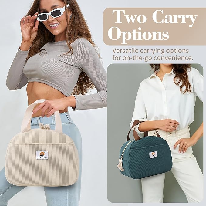 CaCTOUR Lunch Bag Lunch Box for Women Girls Teens, Cute Lunch Box Cooler Bag,Portable Small Reusable Corduroy Insulated LunchBox for Work/Travel/Picnic/School (Beige)
