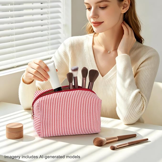 Makeup Bag Set for Women, 4PCS Travel Cosmetic Bags Pencil Case, Striped Seersucker Toiletry Organizer Pouches, Cute Makeup Pouch for Purse, Accessories and Gifts, Red