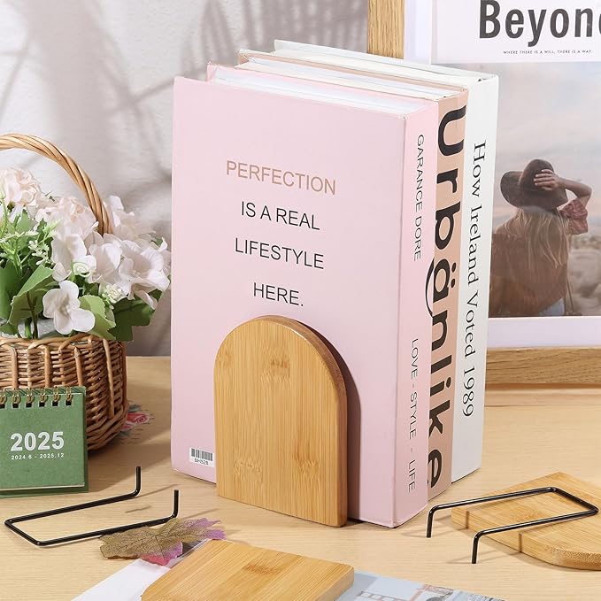 CHGCRAFT 2 Pair Bamboo Bookend Anti Slip Book Stand for Home Decor Desktop Bookshelf Ends for Books Magazine Storage Display, Sandy Brown