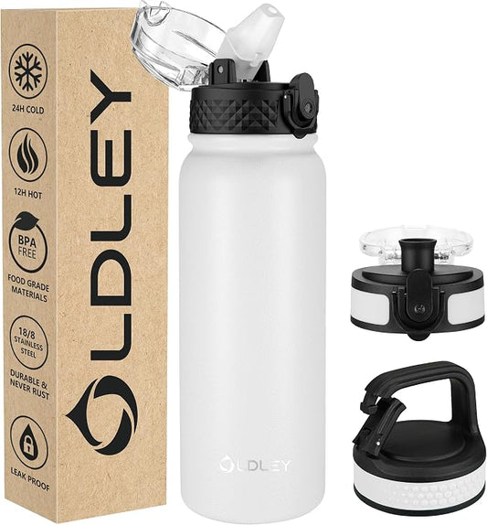 Oldley Insulated Water Bottle 20oz Water Bottles with Straw, Stainless Steel Water Bottle with 3 Lids, Double Wall Vacuum Bottles for Adult Kids, Sports Bottles for School Travel,White